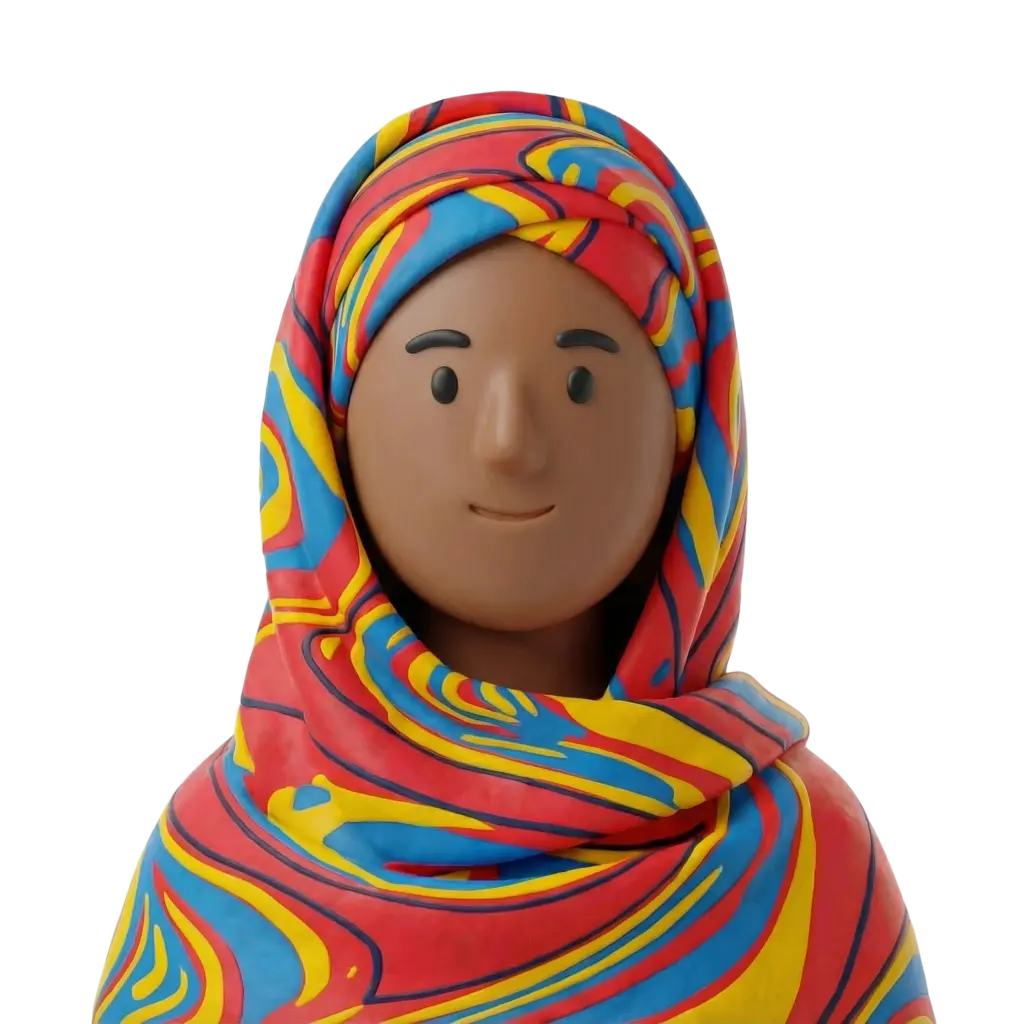 3D portrait bust of a Comorian woman wearing a vibrant red, blue and yellow patterned headscarf, smooth brown skin, simplified facial features and a gentle smile. Isolated on a black background with no visible accessories.