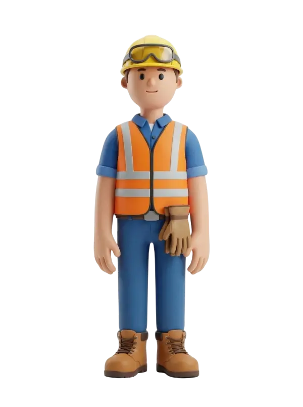 Full-body 3D character of a male construction engineer wearing a yellow hard hat with safety goggles, an orange high-visibility vest with reflective stripes over a blue work shirt and trousers, brown safety boots, and a leather glove hanging from his belt; he stands facing forward with a neutral smile. The background is solid black and the character is shown as an isolated render.