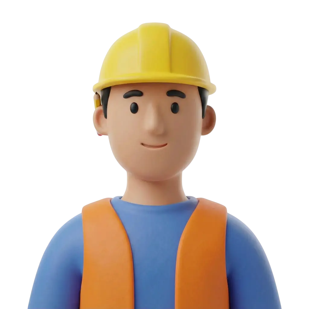 3D portrait bust of a male construction worker wearing a yellow hard hat and an orange safety vest over a blue shirt, stylized short black hair, simple rounded facial features and a neutral smile, isolated on a dark/transparent background.