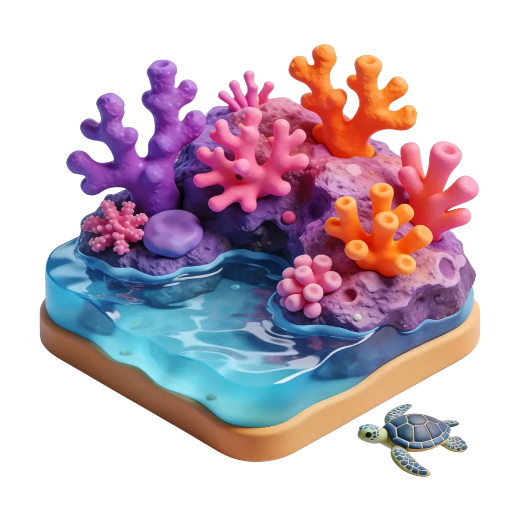 3D render of a stylized coral reef diorama with purple rock, pink, purple and orange coral formations, a glossy translucent water pool and a small sea turtle; plastic-like matte coral finish contrasts with the shiny water surface on a sandy beige base against a transparent background.