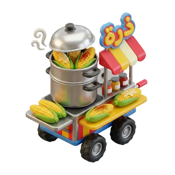3D render of a colorful corn vendor cart featuring stacked brushed-metal steamers filled with yellow corn cobs, green husks, condiment jars and a red-yellow striped canopy sign; glossy plastic trays and black rubber wheels, isolated on a transparent background.