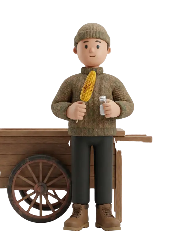 Full-body 3D character of a male corn seller wearing an olive knit beanie and matching chunky sweater, dark pants and brown work boots, holding a grilled corn on a stick in one hand and a small shaker in the other. He stands in front of a wooden street-food cart with a large wooden wheel against a black isolated background, smiling calmly.