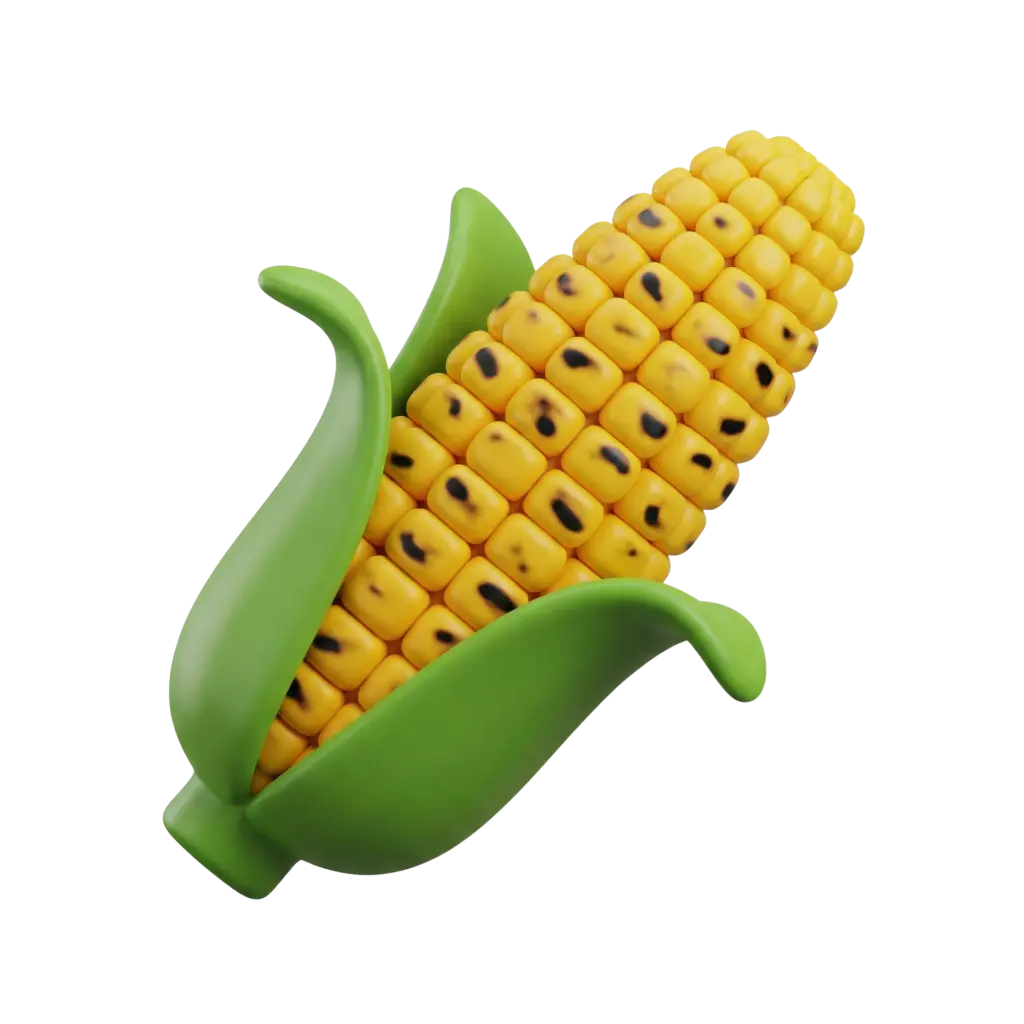 3D render of a partially husked ear of corn with bright yellow kernels showing light char marks and smooth green husk, isolated on a black background.