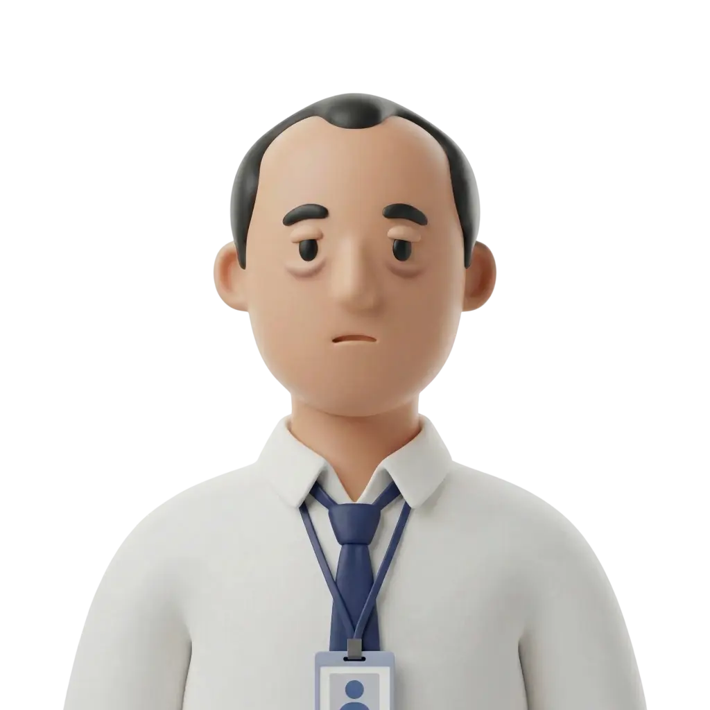 3D portrait bust of a male corporate employee with short dark hair and a slight receding hairline, wearing a white shirt, navy tie and blue lanyard with ID badge, neutral slightly tired expression, facing forward against a plain black background.