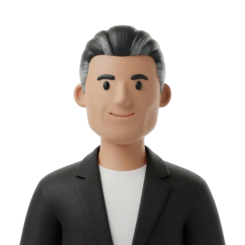 3D portrait bust of a male corporate executive wearing a black blazer over a white shirt, with neatly combed dark hair mixed with grey and a subtle smile; stylized smooth material, neutral expression, isolated on a plain black background.
