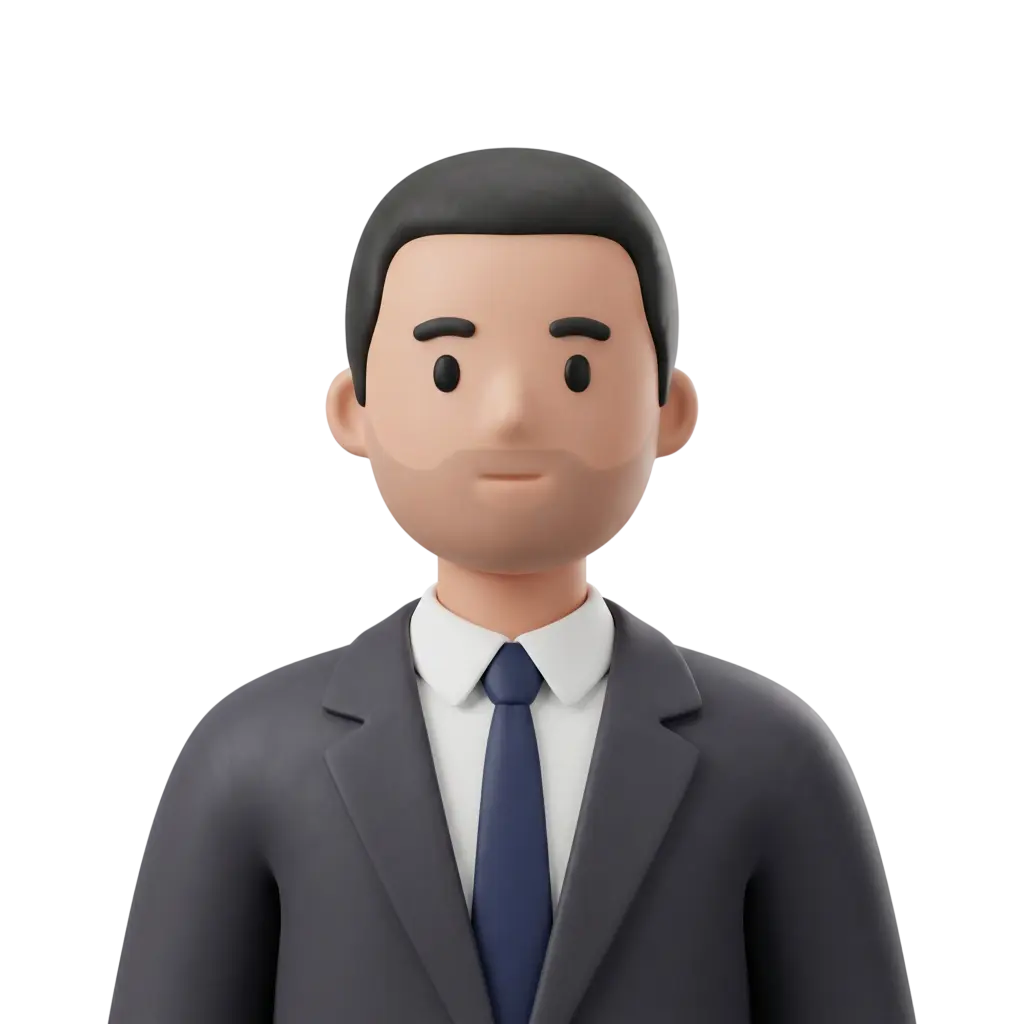 3D portrait bust of a male corporate figure wearing a dark gray suit, white shirt and navy tie, short black hair and light stubble, neutral expression, facing forward on a dark/transparent background.