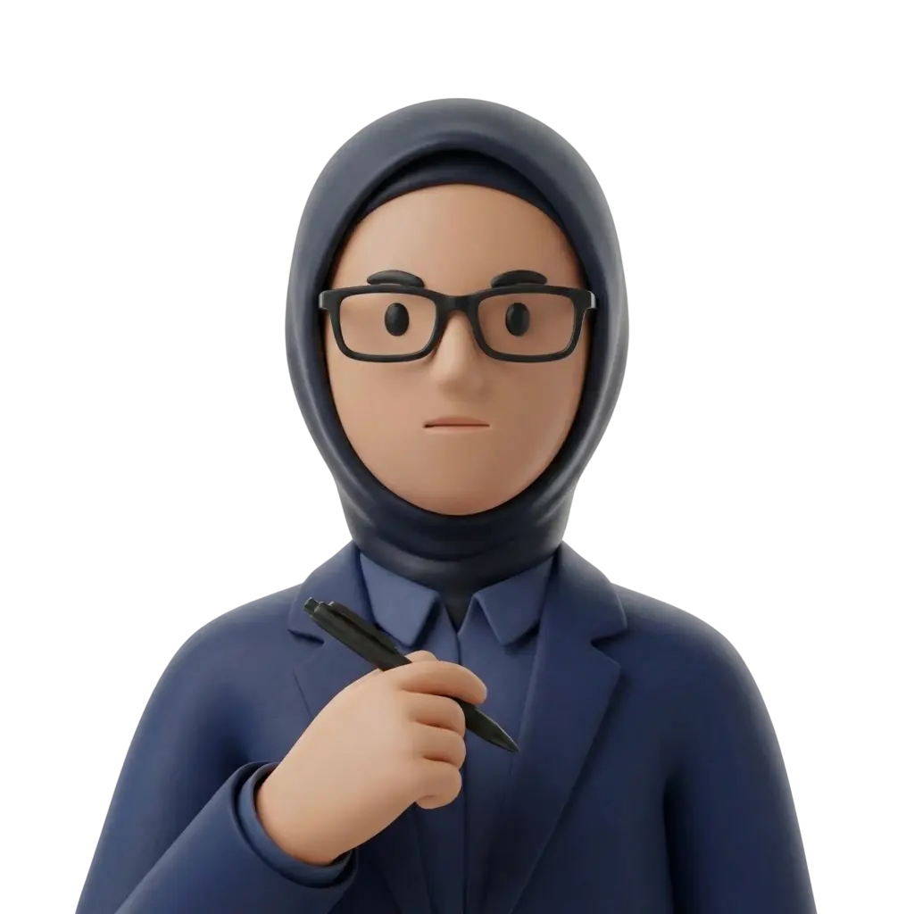 3D portrait bust of a female corporate manager wearing a navy hijab and matching blazer, black rectangular glasses, holding a pen near her chest with a neutral focused expression. Dark black isolated background.