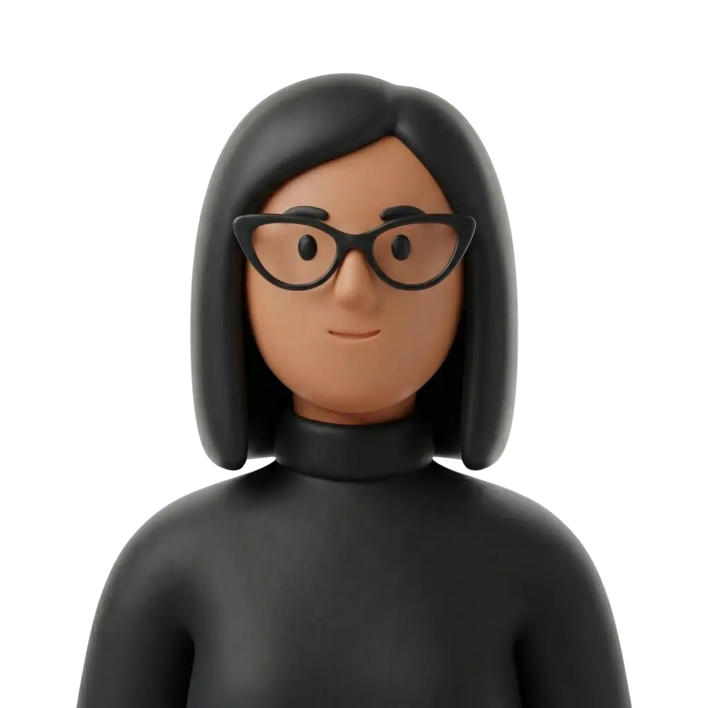 3D portrait bust of a woman with straight black shoulder-length hair, wearing black cat-eye glasses and a black turtleneck with a neutral slight smile and frontal pose. Plain dark isolated background.