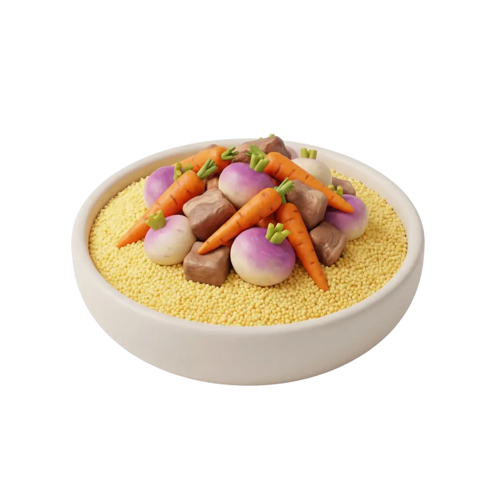 3D render of a white ceramic bowl filled with yellow couscous grains, topped with brown meat cubes, small orange carrots and purple-white turnips; smooth glossy vegetables and granular couscous texture on a black background.