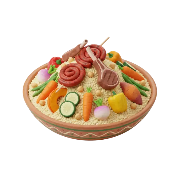 3D render of a large ceramic bowl filled with a mound of couscous topped with coiled sausages, a lamb shank, chickpeas and an assortment of vegetables (carrots, zucchini slices, bell pepper, turnip, green beans, pumpkin) on a black isolated background.