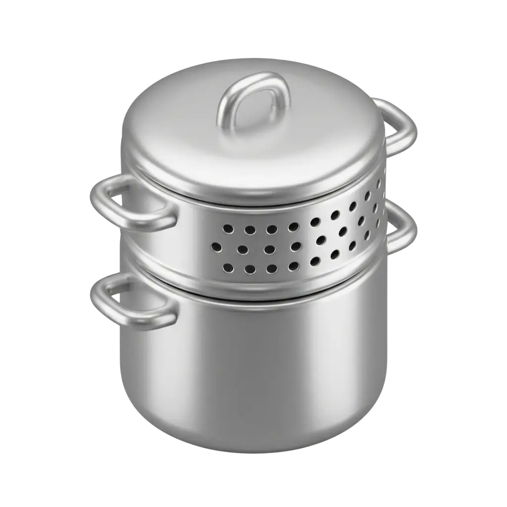 3D render of a stainless-steel couscousier pot with a perforated steamer insert, rounded side handles and a domed lid, featuring a glossy metallic finish on a black background.