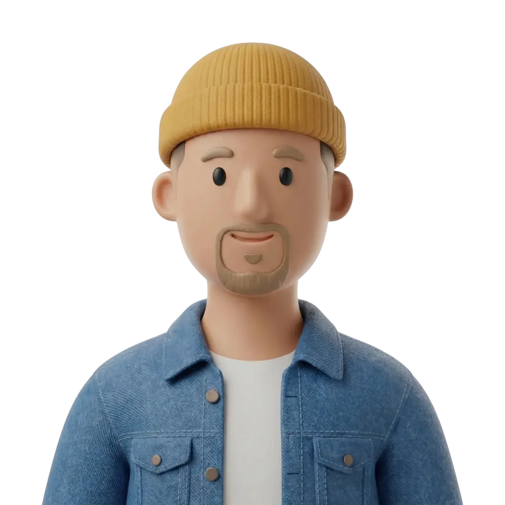 3D portrait bust of a young man wearing a mustard yellow knit beanie and a light blue denim jacket over a white t-shirt, with a neat goatee and friendly closed-mouth smile. Front-facing pose on a solid black background with simple, isolated lighting.