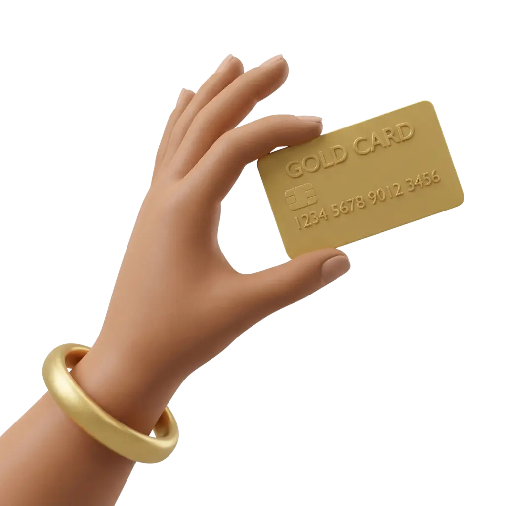 3D render of a stylized hand with a warm skin tone holding a metallic gold credit card with embossed numbers and a small chip, the hand wears a chunky gold bangle and has a matte skin finish, set against a black background.
