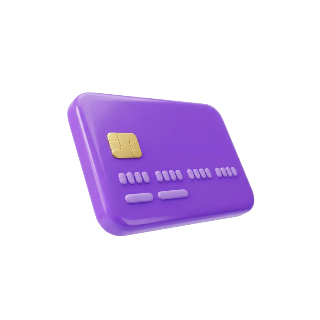 3D render of a glossy purple credit card with rounded corners, a prominent gold EMV chip and raised rounded number blocks, isolated on a black background. Smooth plastic finish with subtle reflections.