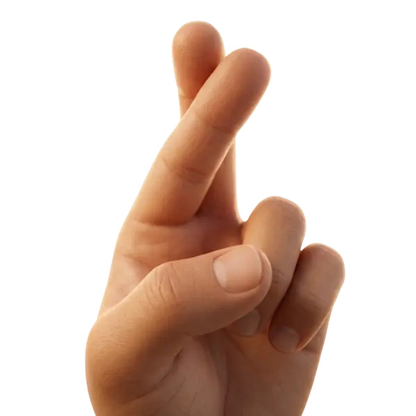 3D render of a photorealistic human hand with the index and middle fingers crossed, detailed skin texture, natural matte finish, and realistic nails, isolated on a black background.