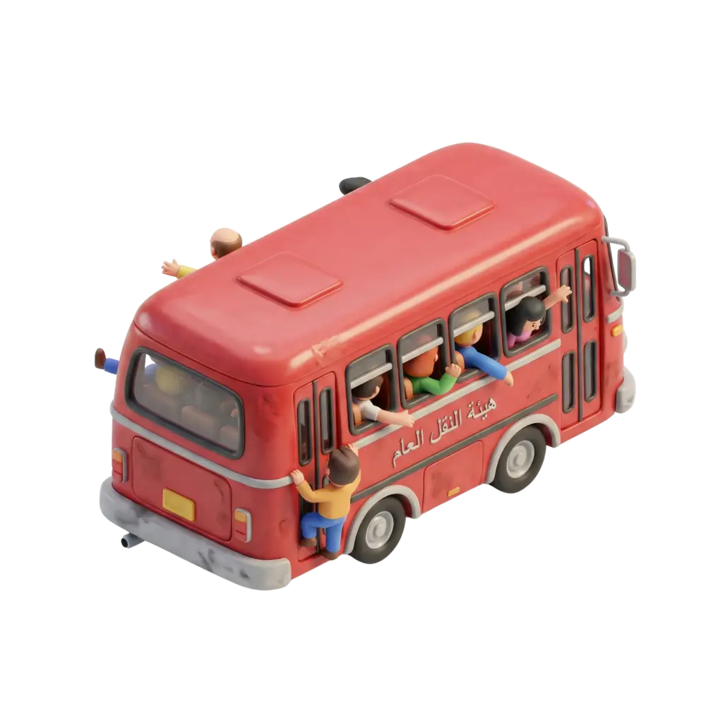 3D render of a small red public minibus with cartoon-style passengers leaning out of the windows and one child hanging on the rear, smooth semi-gloss plastic finish with light scuff marks and Arabic signage, isolated on a transparent background.