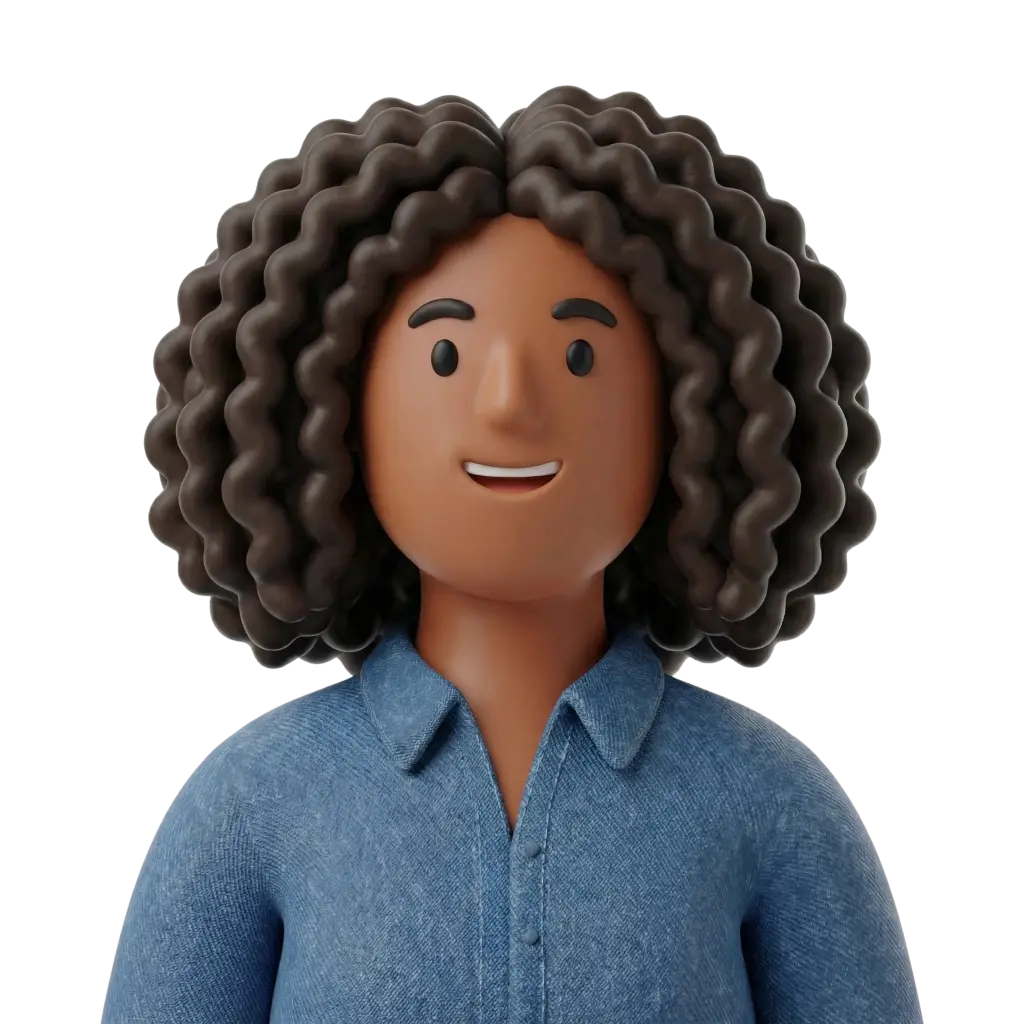 3D portrait bust of a smiling young woman with voluminous dark brown curly hair, wearing a blue denim-style collared shirt; isolated on a transparent/black background.