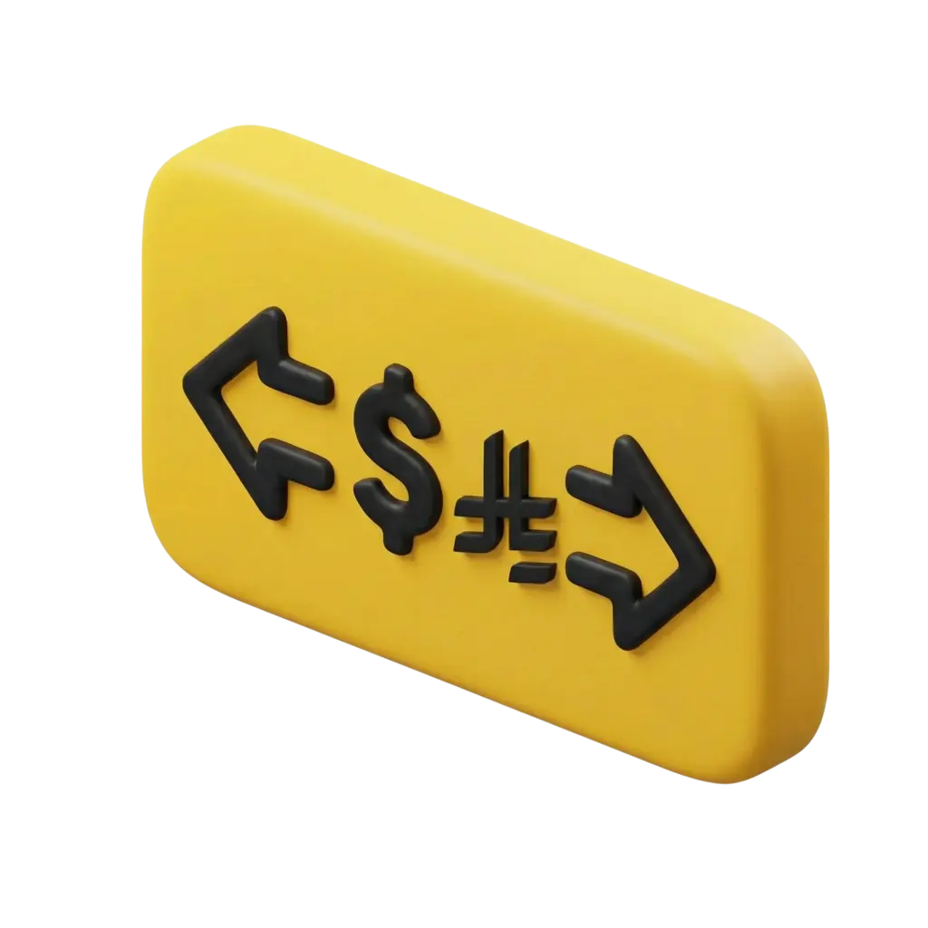 3D render of a yellow rounded rectangular block with black raised currency symbols (dollar and other currency marks) and bidirectional arrows, matte finish, isolated on a black background.