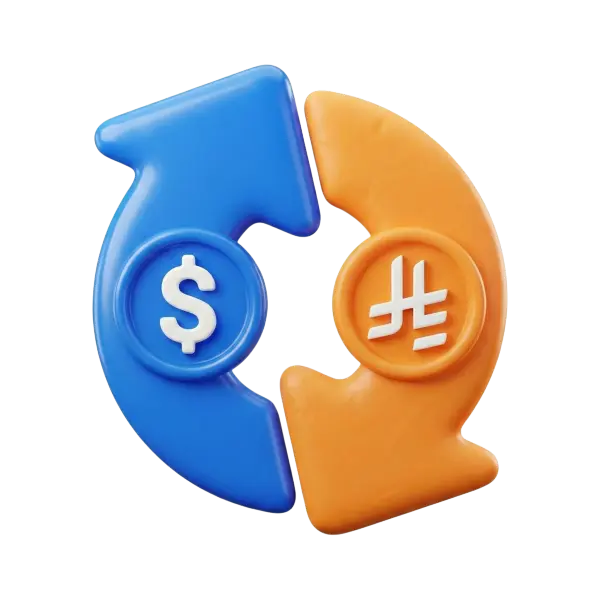 3D render of two interlocking curved arrows forming a circular exchange symbol — a blue arrow with a white dollar coin and an orange arrow with a white foreign-currency mark; glossy plastic finish with soft rounded shapes, isolated on a black background.