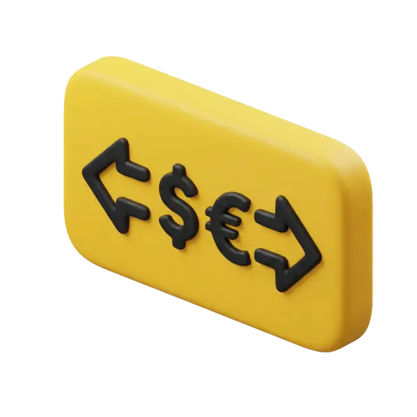 3D render of a rounded yellow rectangular token with raised matte-black dollar and euro symbols and left/right exchange arrows, soft plastic-like finish, isolated on a black background.