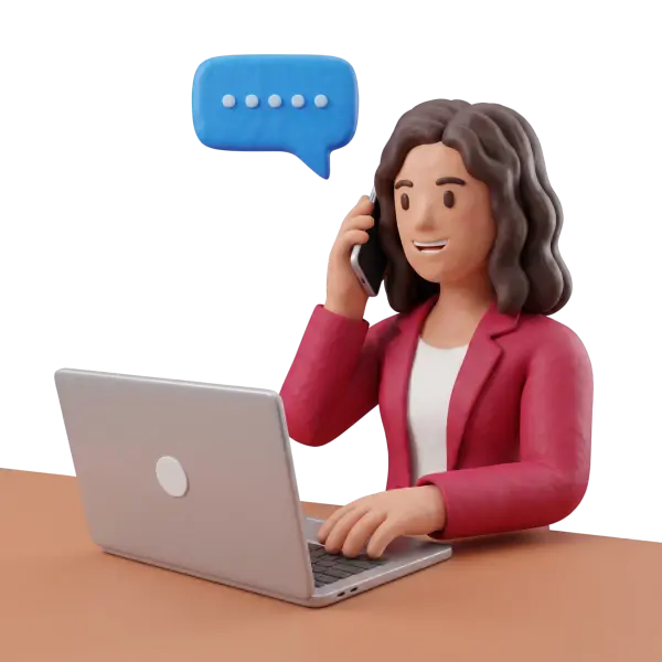 3D render of a female character with curly brown hair wearing a pink blazer, holding a smartphone to her ear while typing on a laptop with a blue chat bubble showing ellipsis. The scene is isolated on a black background in a friendly clay-like 3D style.