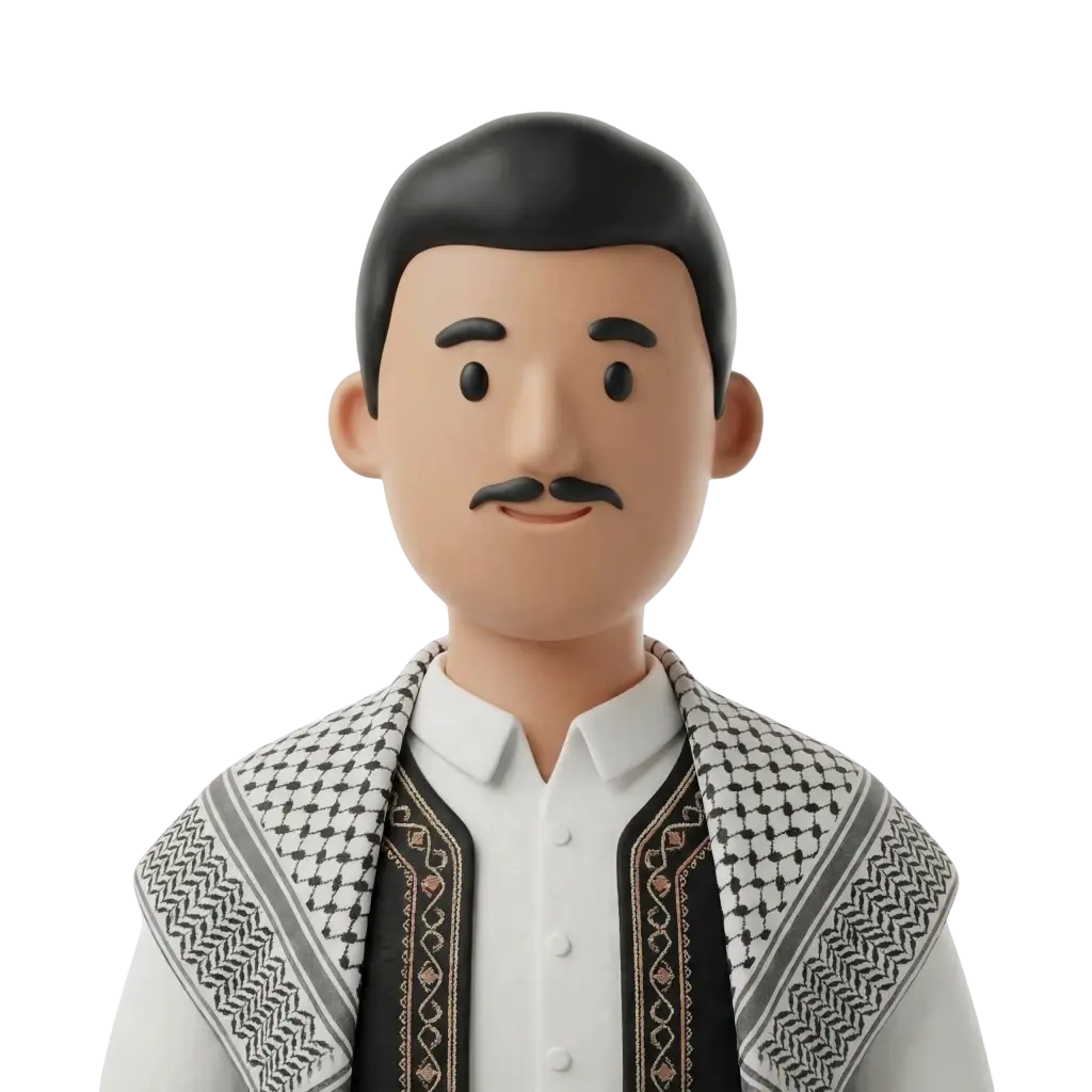 3D portrait bust of a male Dabke dancer wearing a white shirt, an embroidered black vest and a black-and-white keffiyeh draped over his shoulders, with short black hair and a small mustache. He has a warm slight smile and a neutral forward-facing pose against a black background.
