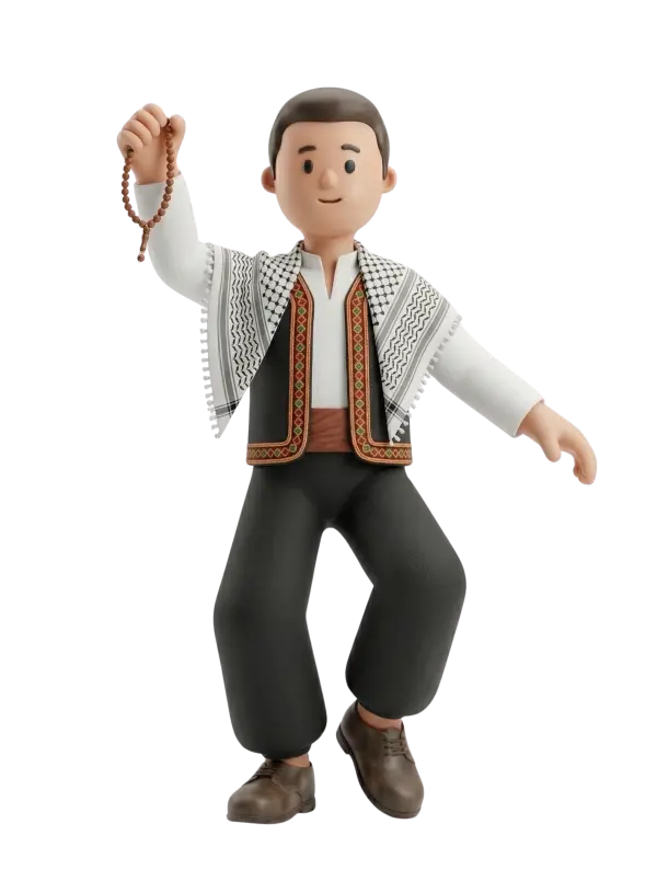Full-body 3D character of a male dabke leader wearing a black-and-white keffiyeh draped over his shoulders, an embroidered vest with traditional motifs, loose black trousers and brown shoes, holding a wooden misbaha in a raised hand with a cheerful mid-dance pose against a dark isolated background.