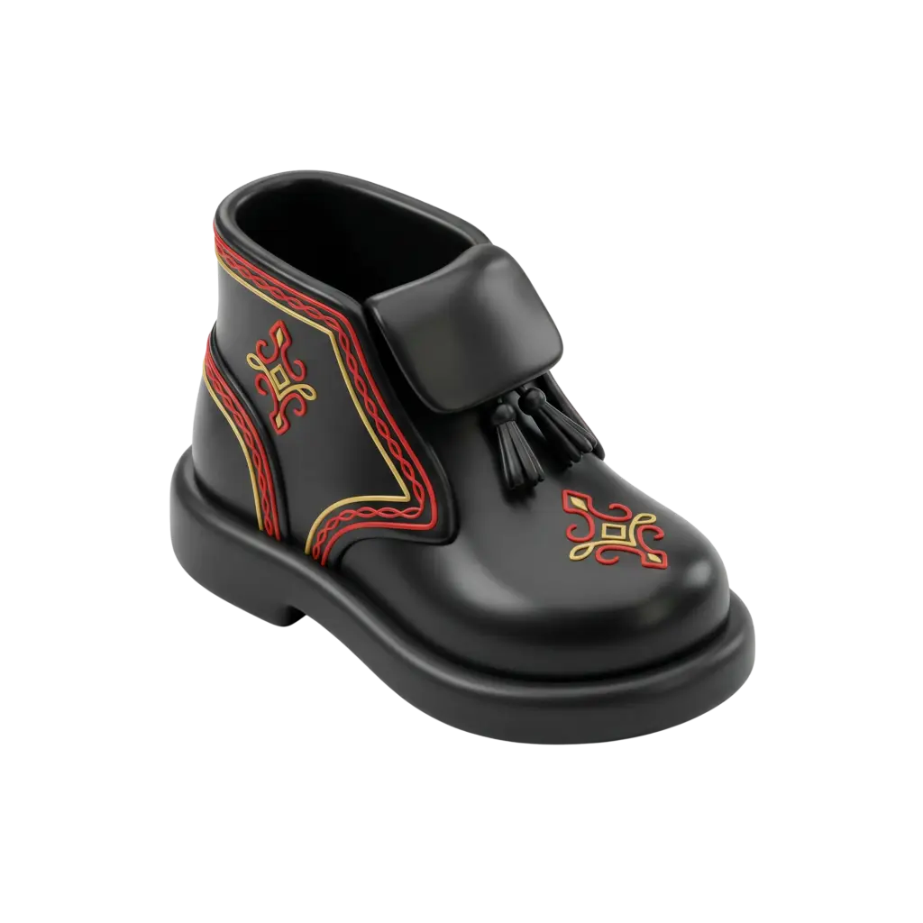3D render of a black Dabke shoe with red and gold embroidered patterns, tassels on the vamp, and a chunky sole, in a smooth matte leather finish. Isolated on a black background.
