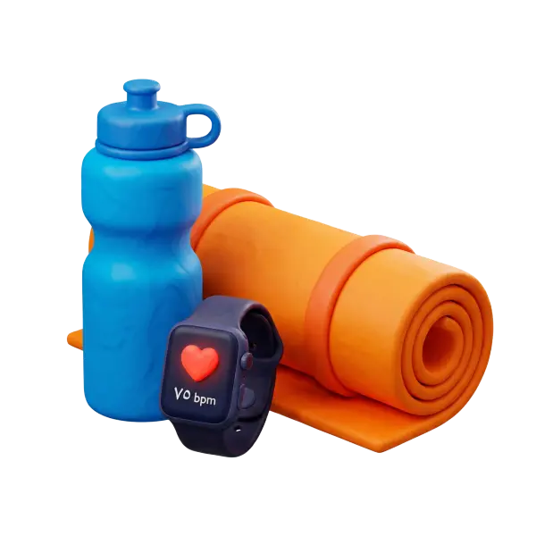 3D render of a blue sports water bottle, an orange rolled yoga mat and a dark fitness smartwatch showing a heart icon and bpm readout on a black isolated background. Smooth, colorful clay-like 3D style with soft highlights and an isolated composition.