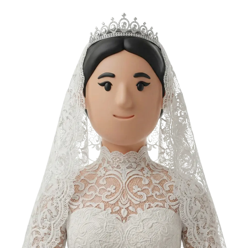 3D portrait bust of a female Damascene bride wearing a white lace high-collar wedding dress and matching lace veil, a silver tiara on dark center-parted hair, subtle smile and winged eyeliner. Rendered on a solid black/transparent background.