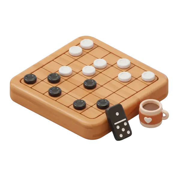 3D render of a square tan damma/checkers board with a 6x6 grid, glossy black and white circular pieces, a black domino tile and a small brown ceramic cup with a heart detail; smooth plastic/ceramic finishes on a transparent background.