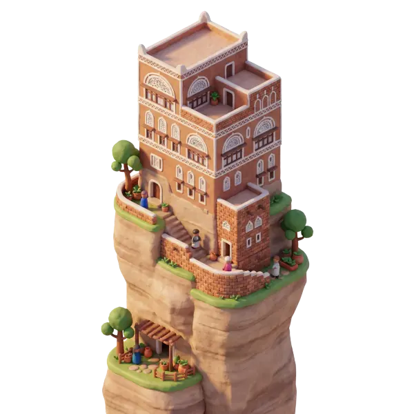 3D render of a multi-storey traditional Yemeni tower house (Dar al-Hajar) perched on a rocky pillar, with warm clay-colored facades, white decorative window frames, small terraces, stairs, trees and tiny stylized figures; studio lighting and isolated on a transparent background.