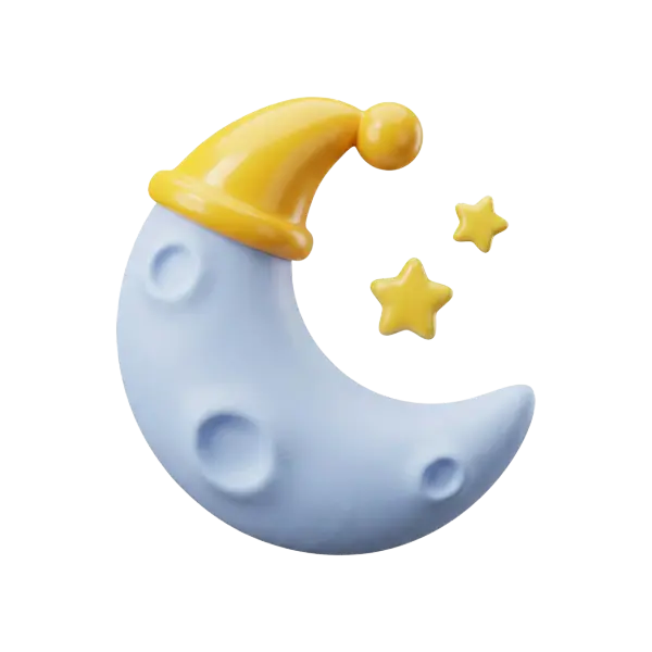 3D render of a crescent moon character in pale blue with subtle crater indents, wearing a glossy yellow nightcap with a pom-pom and accompanied by two small yellow stars on a transparent background.