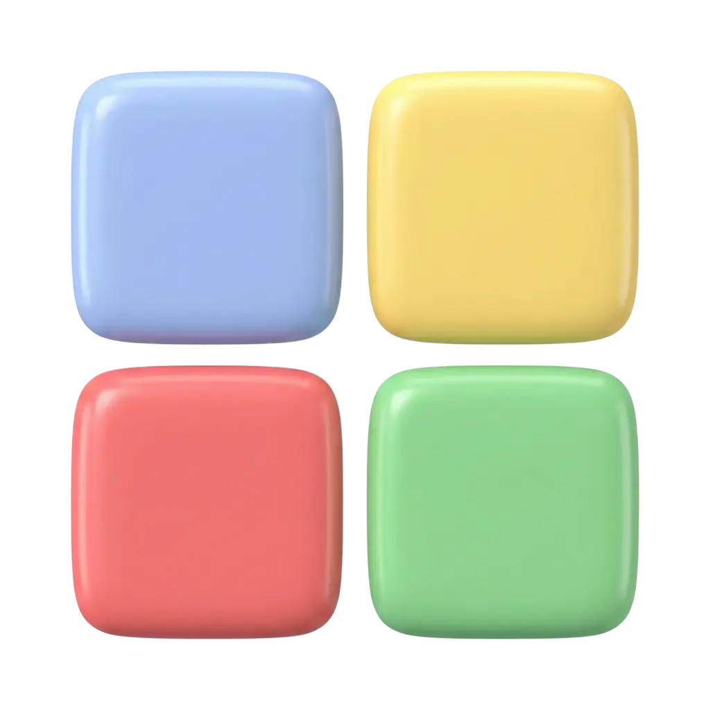 3D render of four glossy rounded-square tiles in pastel blue, yellow, coral and mint green with a smooth plastic-like finish, arranged in a 2x2 grid on a transparent background.