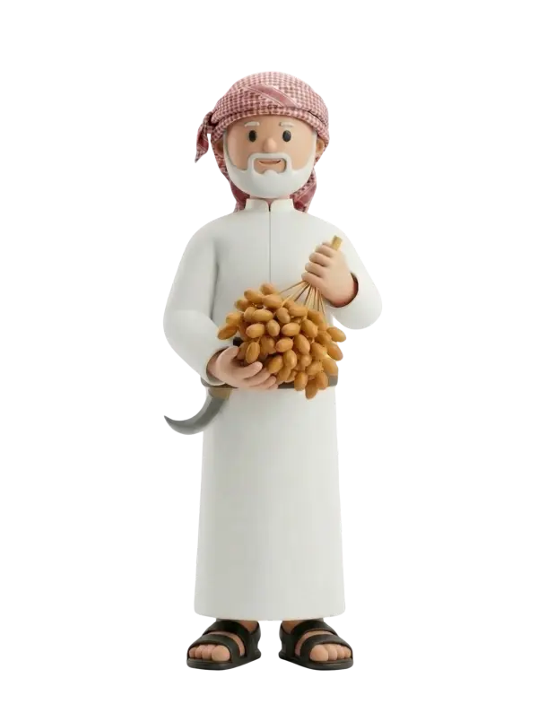 Full-body 3D character of an elderly male date farmer wearing a white thobe and a red-and-white checkered shemagh, with a white beard and sandals, holding a large bunch of golden dates and a curved harvesting sickle at his waist; he smiles gently and stands on a black isolated background.