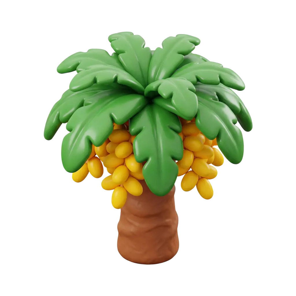 3D render of a stylized date palm with glossy green fronds, clustered smooth yellow dates and a slightly textured brown trunk, isolated on a black background.