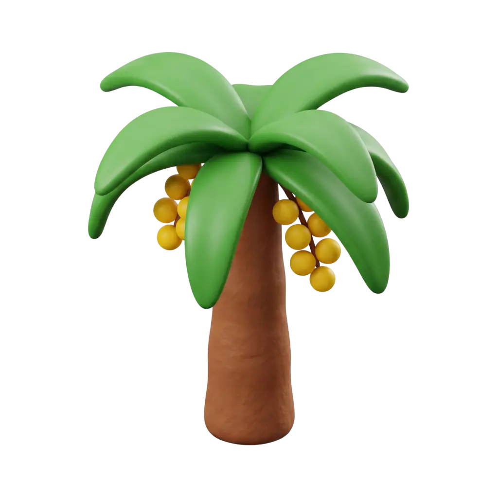 3D render of a stylized date palm with a textured brown trunk, broad matte green leaves and hanging clusters of round yellow dates. Isolated on a transparent background with smooth, simplified forms and a soft, cartoon-like finish.