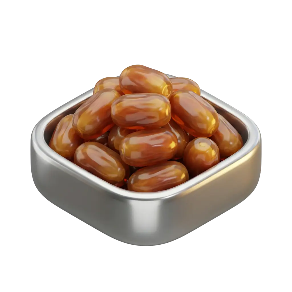 3D render of a square rounded metal bowl filled with glossy brown dates; the dates have a shiny, smooth surface and the bowl shows a brushed metallic finish with a transparent/isolated background.