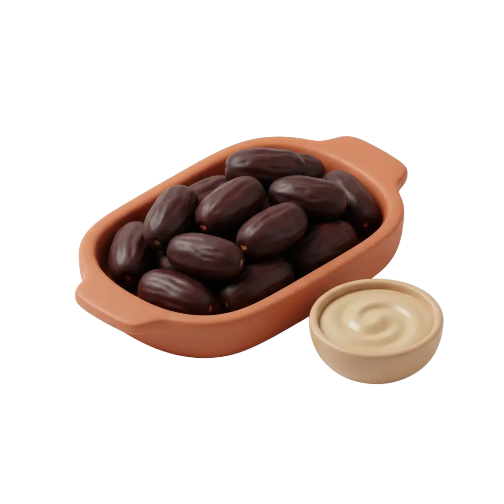 3D render of a terracotta dish filled with glossy dark brown dates and a small beige bowl of smooth, swirled tahini. Isolated on a black background with soft highlights on the ceramic and fruit surfaces.