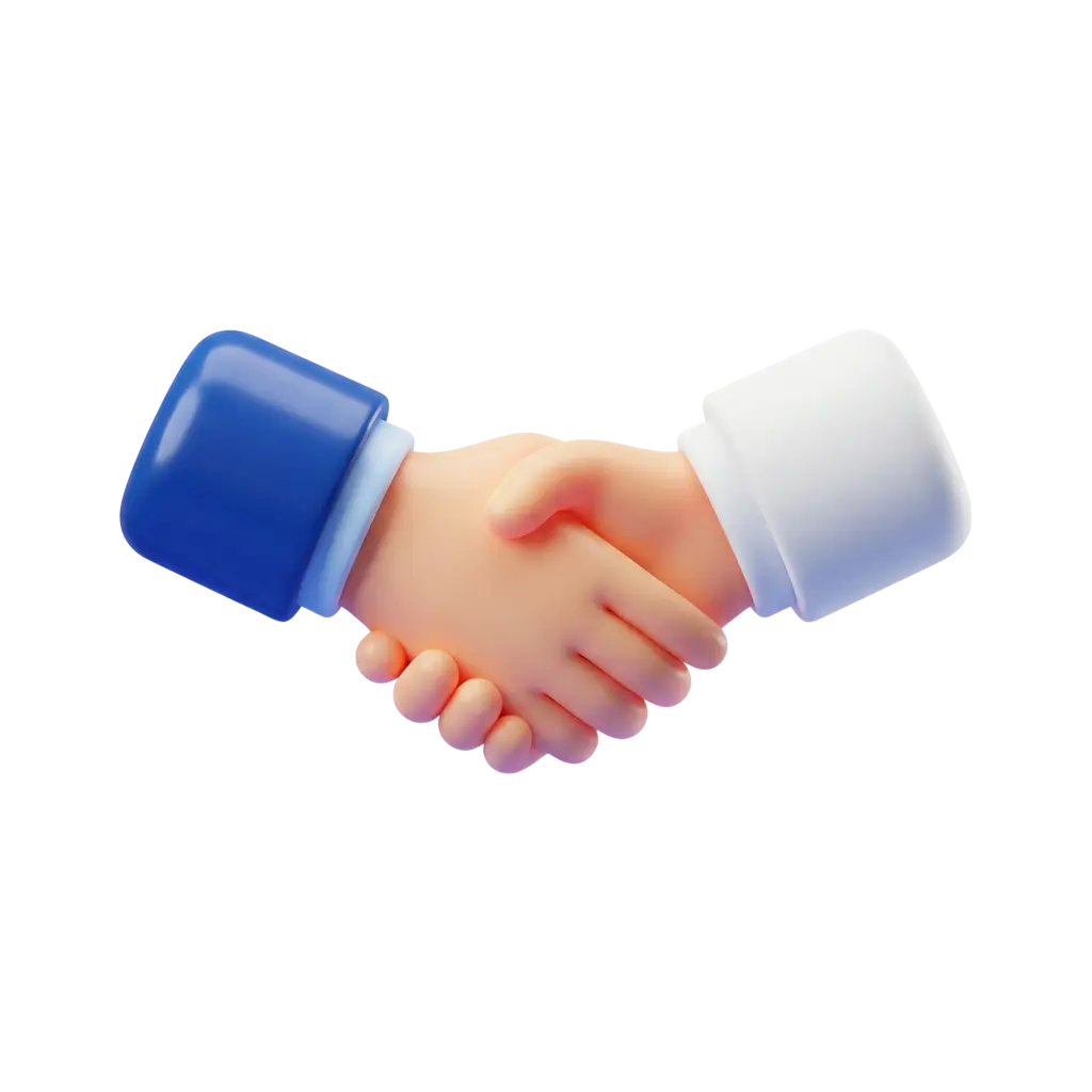 3D render of two stylized hands shaking with a smooth glossy skin-tone finish, one hand wearing a bold blue chunky sleeve and the other a white chunky sleeve; isolated as an isolated render on a transparent background.