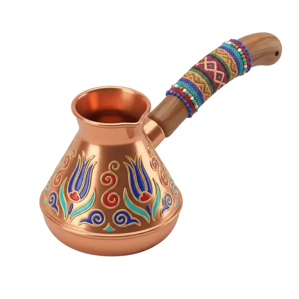 3D render of a copper rakweh with a glossy metallic finish, decorated with colorful enamel floral (tulip) motifs and a wooden handle wrapped in woven threads and beads. Isolated on a transparent background.