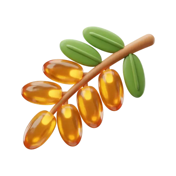 3D render of a cluster of Deglet dates on a short brown stem with glossy translucent amber fruit, matte green oval leaves, and a smooth finish; isolated on a transparent background.