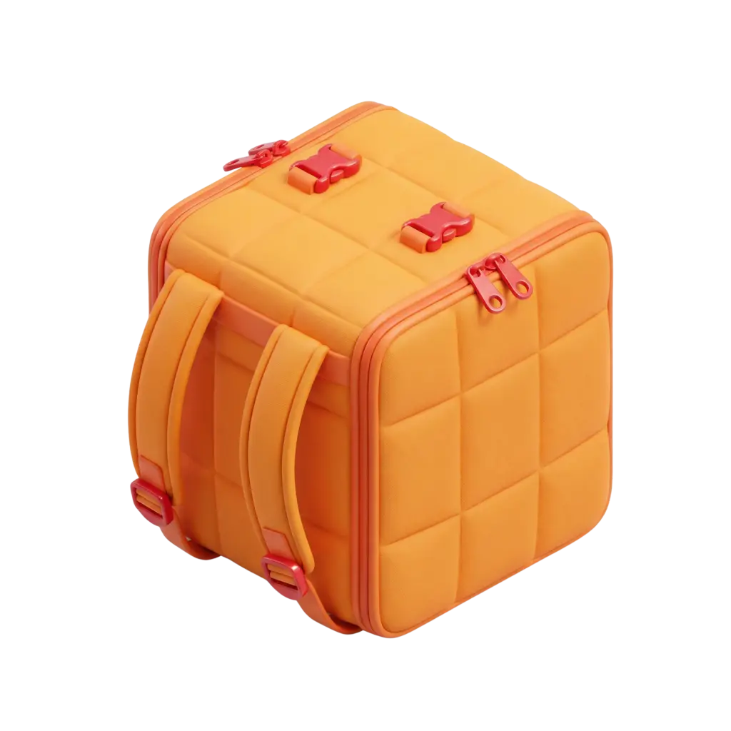 3D render of a cube-shaped padded delivery backpack in bright orange with red plastic buckles and dual zippers, quilted square stitching and a soft matte fabric finish. Isolated on a transparent background.