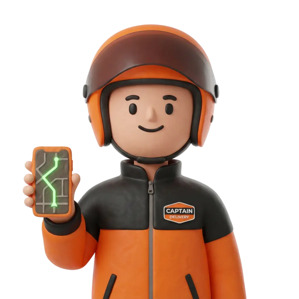 3D portrait bust of a male delivery captain wearing an orange-and-black helmet and matching orange jacket with a black upper panel, smiling and holding a smartphone that shows a glowing green route map; isolated on a transparent black background.