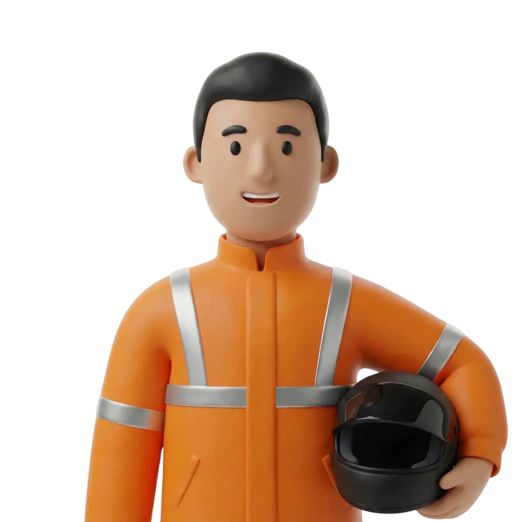 3D portrait bust of a male delivery worker wearing an orange high-visibility jacket with silver reflective straps, holding a black motorcycle helmet under his arm, smiling with short black hair and a plain black background.