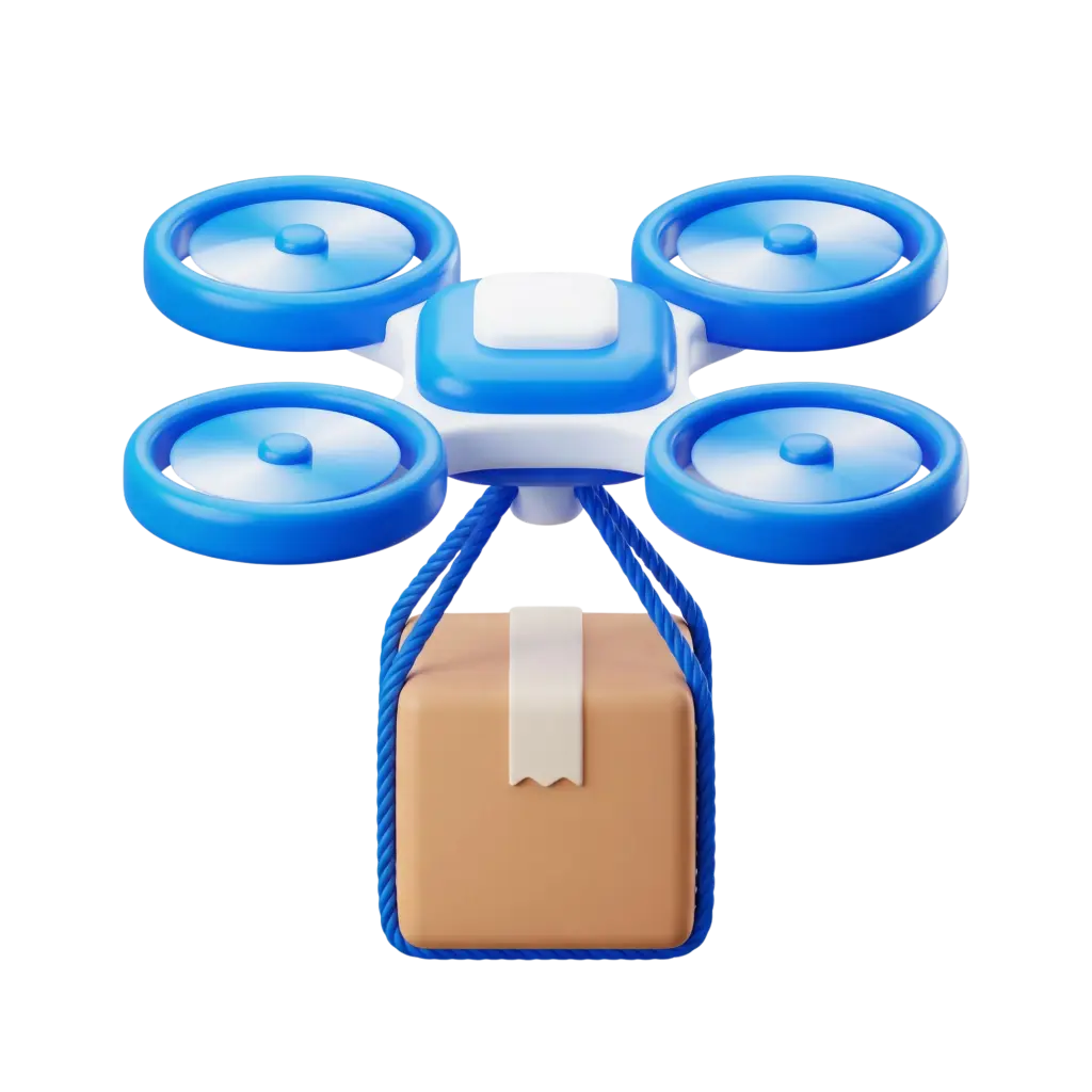 3D render of a glossy blue-and-white quadcopter delivery drone with four ducted propellers carrying a matte brown parcel suspended by blue rope slings on a transparent background.