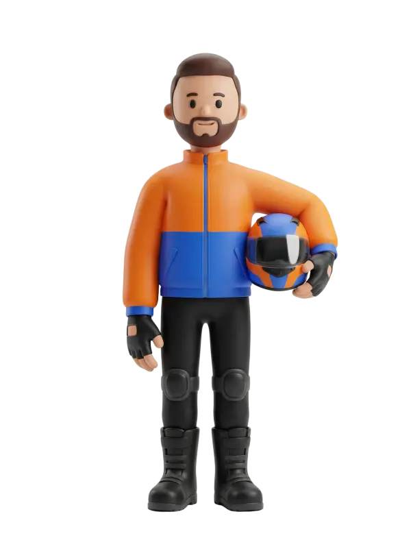 Full-body 3D character of a male delivery rider wearing an orange-and-blue zipped jacket, black pants with knee pads, black boots and fingerless gloves, holding an orange-and-blue motorcycle helmet at his side, with short hair and a trimmed beard, neutral smile and relaxed standing pose. Isolated on a solid black background.