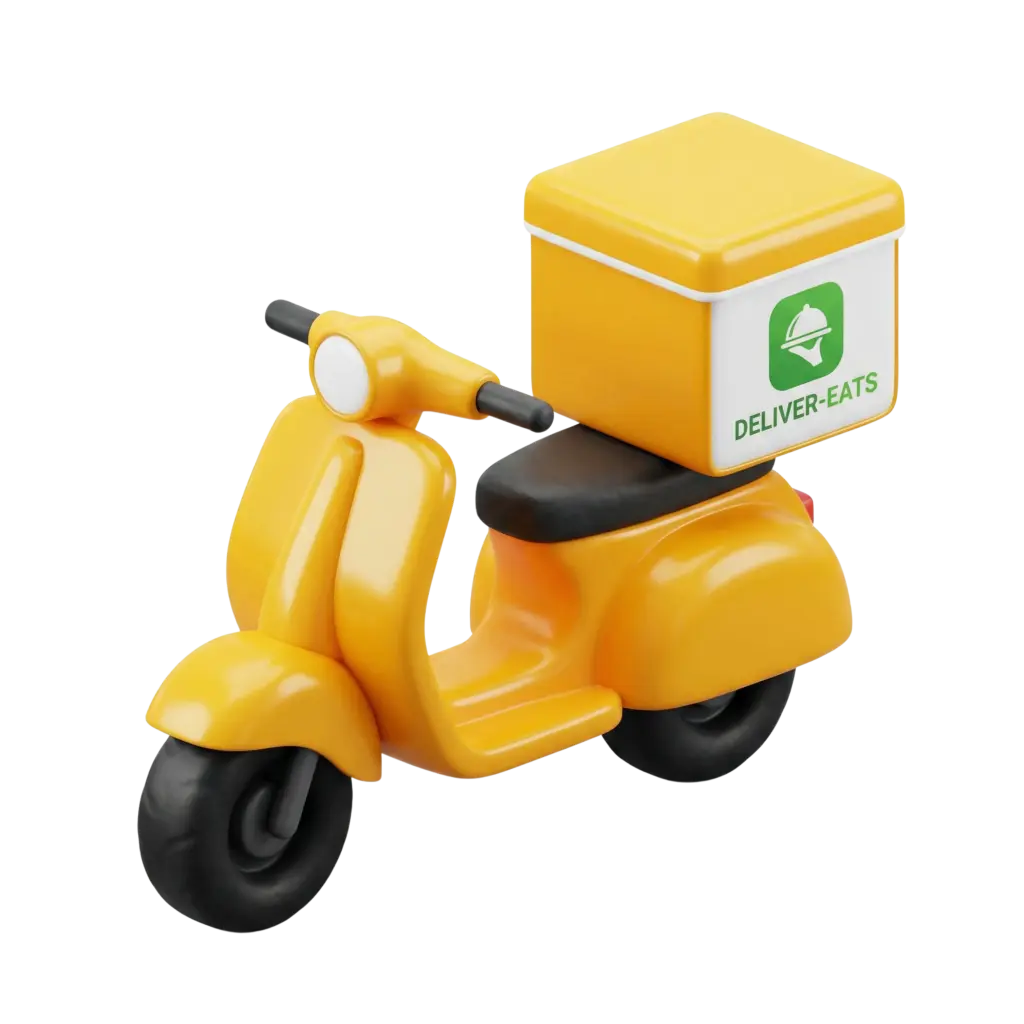 3D render of a glossy yellow delivery scooter with a black seat and a square insulated delivery box branded “DELIVER-EATS”, smooth rounded plastic finish, isolated on a transparent background.