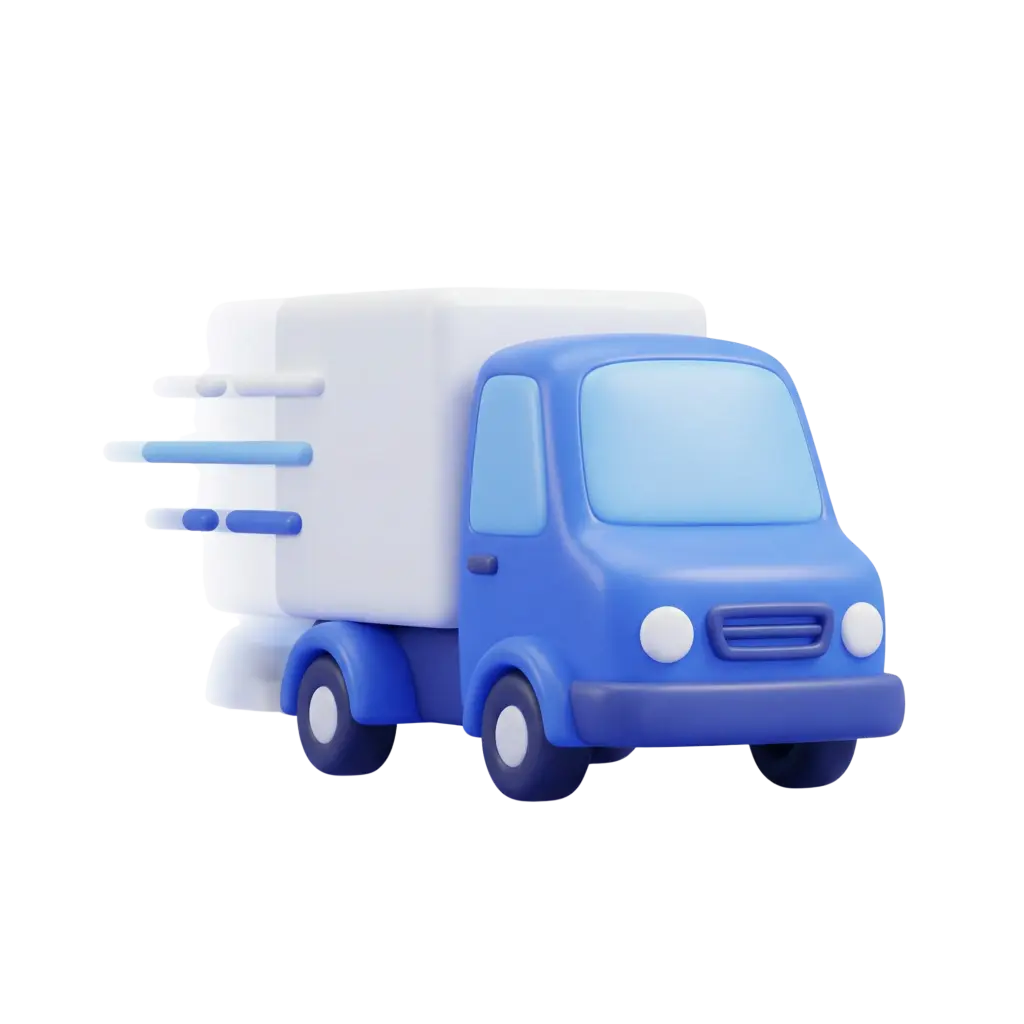 3D render of a stylized rounded delivery truck in blue and white with a soft matte plastic finish, simplified headlights and grille, and motion-streak accents on the cargo box. Isolated on a transparent background.