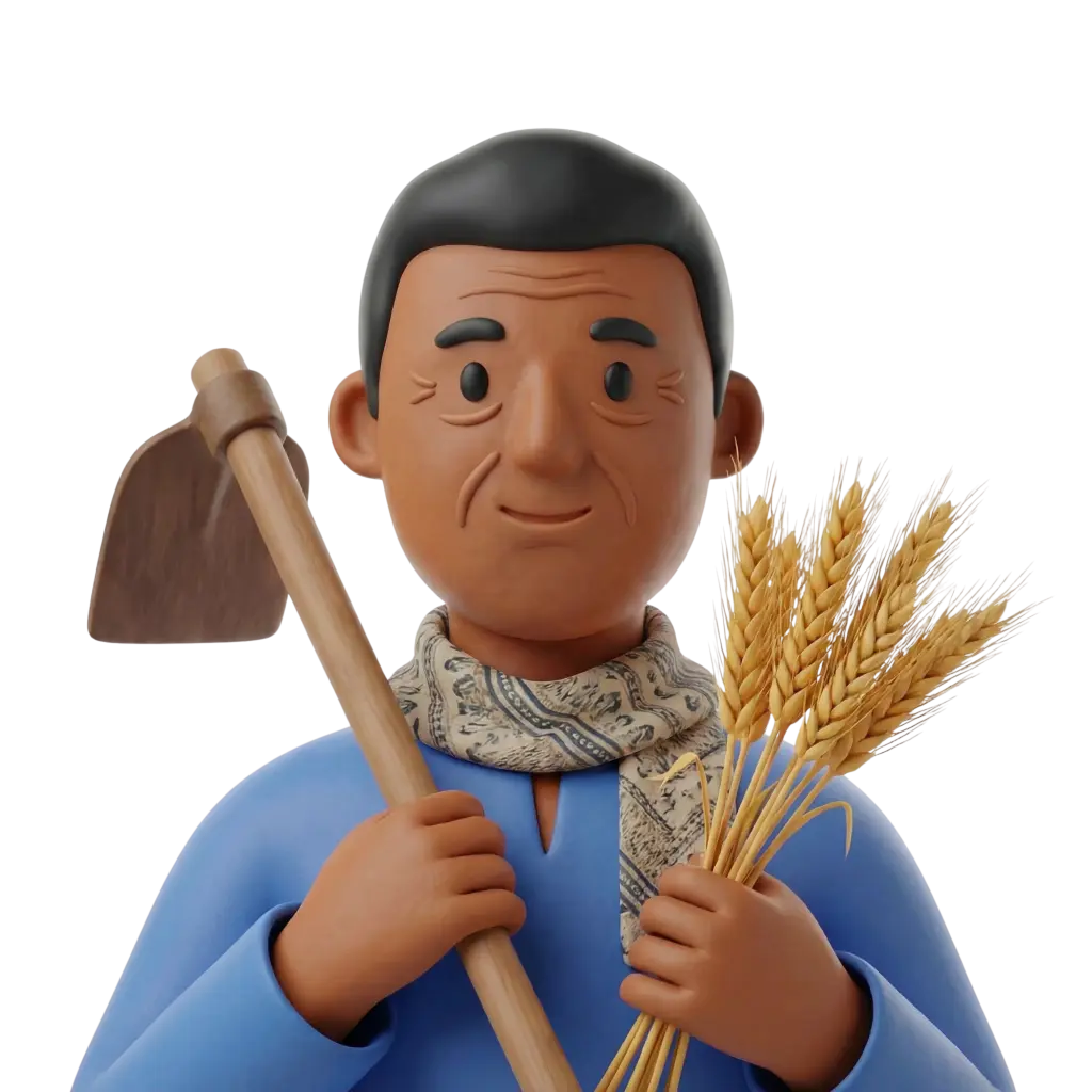 3D portrait bust of an older male farmer wearing a light blue galabeya and a patterned scarf, holding a wooden hoe over his shoulder and a sheaf of wheat. Gentle smile, short dark hair, visible facial wrinkles, and an isolated transparent background.